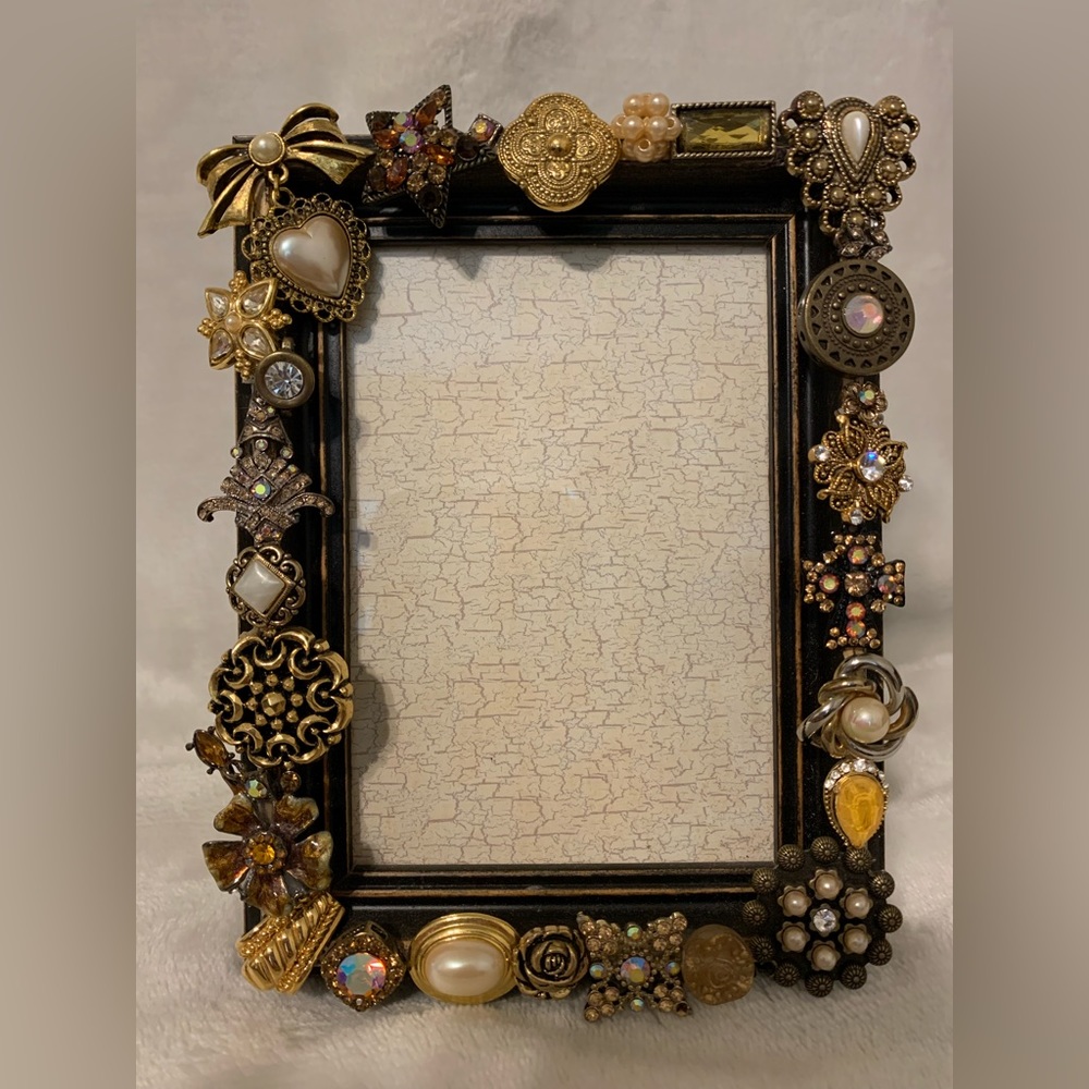Hand Crafted photo frame- embellished with vintage jewels- 3 x 4-1/2in.